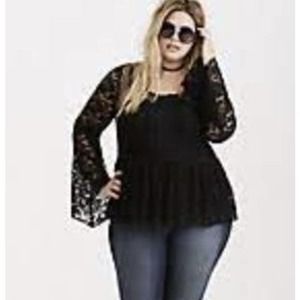 Torrid Black Dot Mesh Lace Peasant Top Plus Size 3X Tunic Lacey Sheer